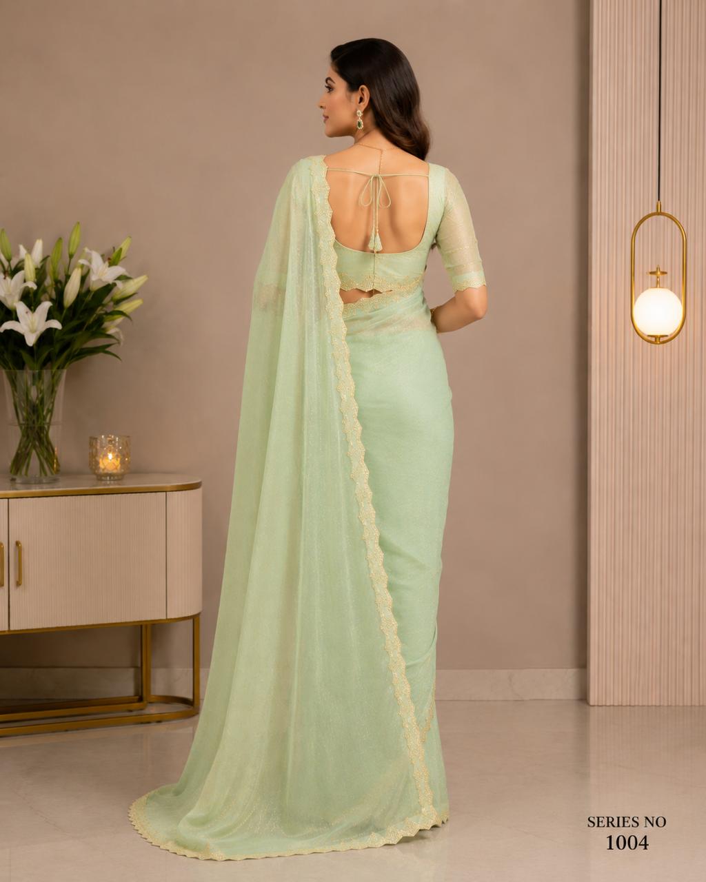 Women's Sage Green Shimmer Chiffon Saree with Scalloped Lace Border