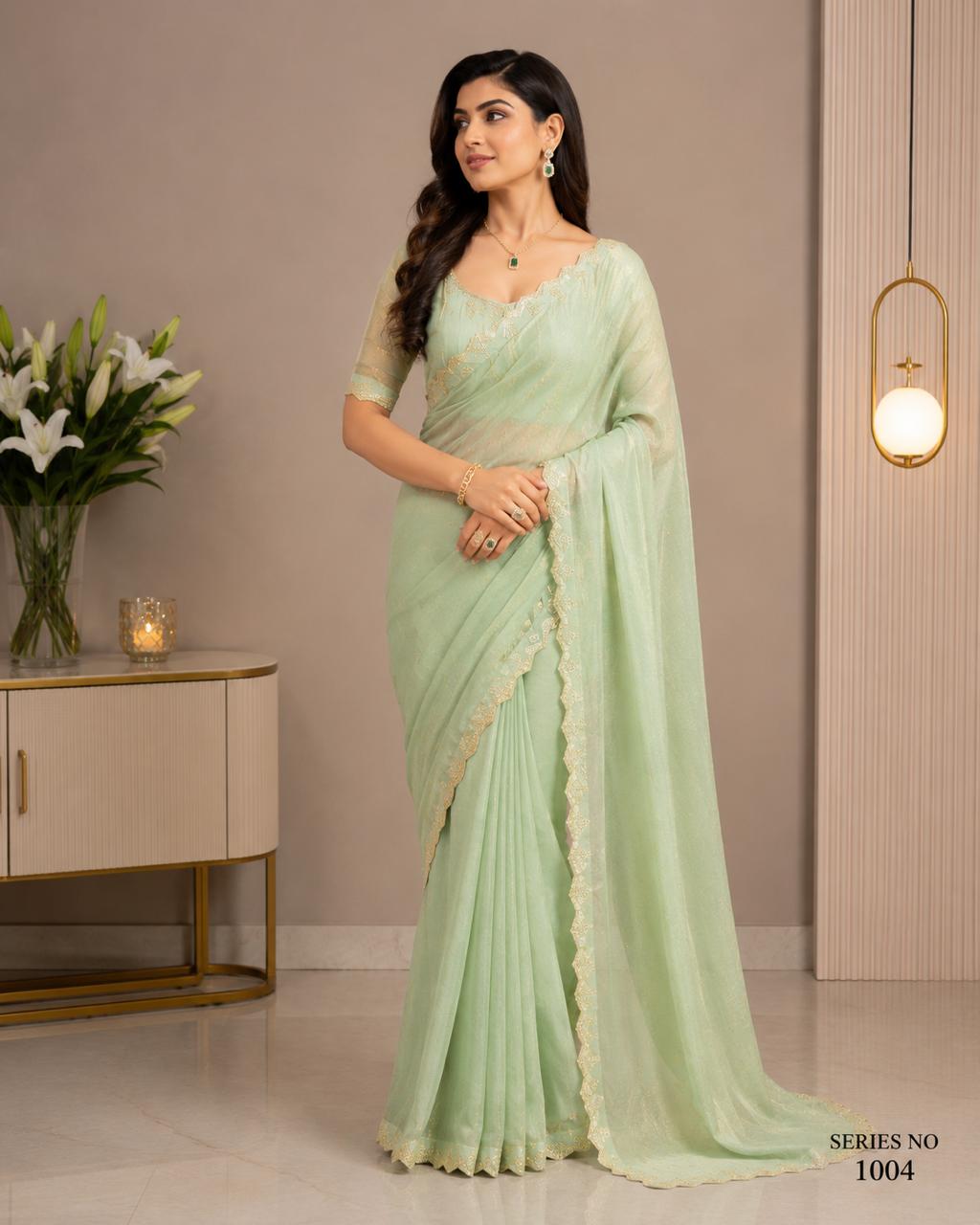Women's Sage Green Shimmer Chiffon Saree with Scalloped Lace Border