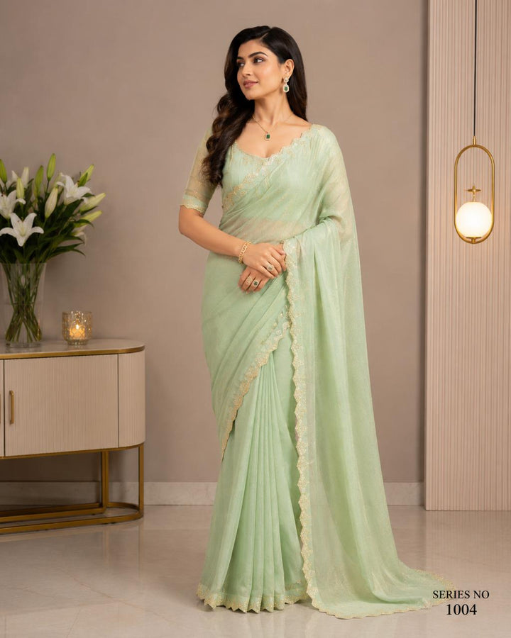 Women's Sage Green Shimmer Chiffon Saree with Scalloped Lace Border
