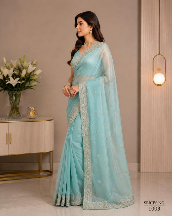 Women's Aqua Blue Organza Saree with Gold Zari Embroidery & Heavy Border