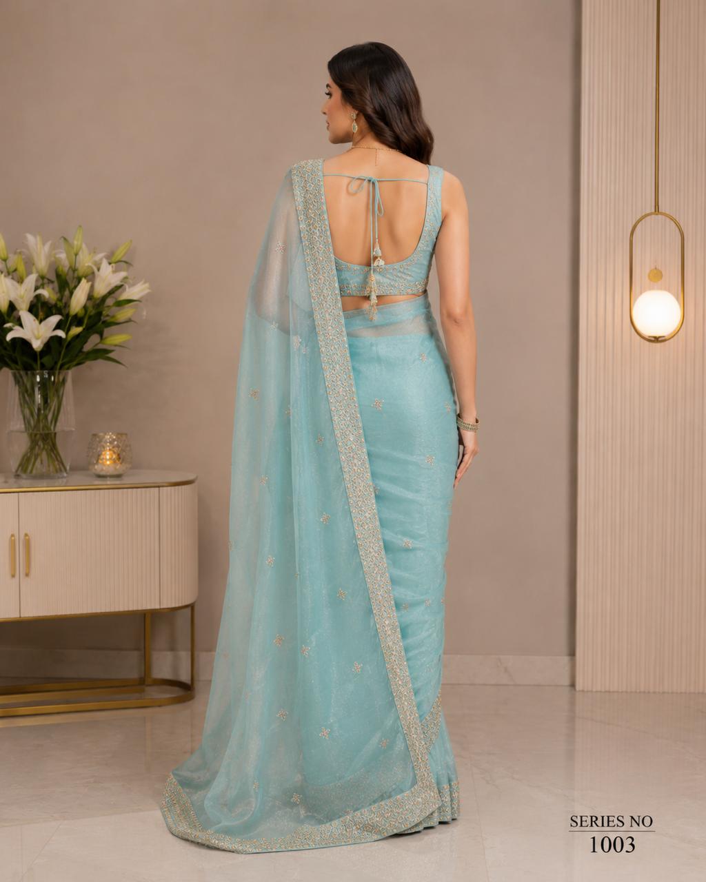 Women's Aqua Blue Organza Saree with Gold Zari Embroidery & Heavy Border