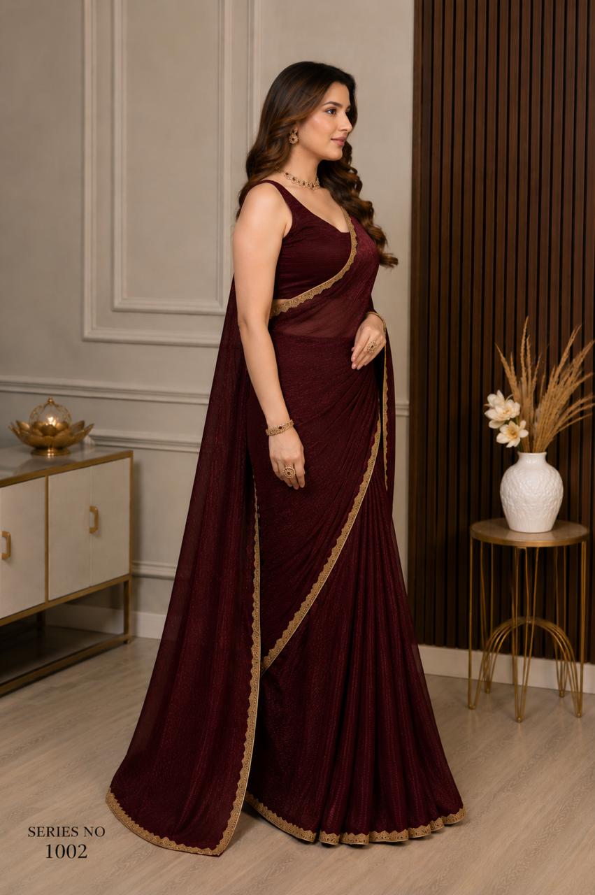 Women's Wine Maroon Shimmer Chiffon Saree with Scalloped Gold Lace Border