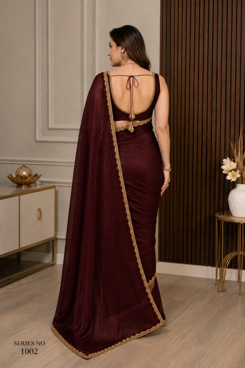 Women's Wine Maroon Shimmer Chiffon Saree with Scalloped Gold Lace Border
