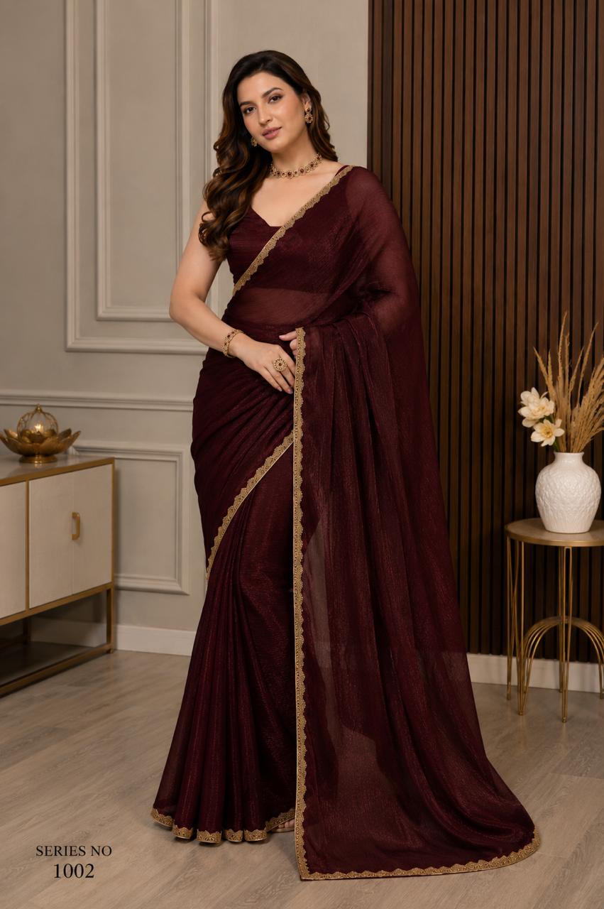 Women's Wine Maroon Shimmer Chiffon Saree with Scalloped Gold Lace Border