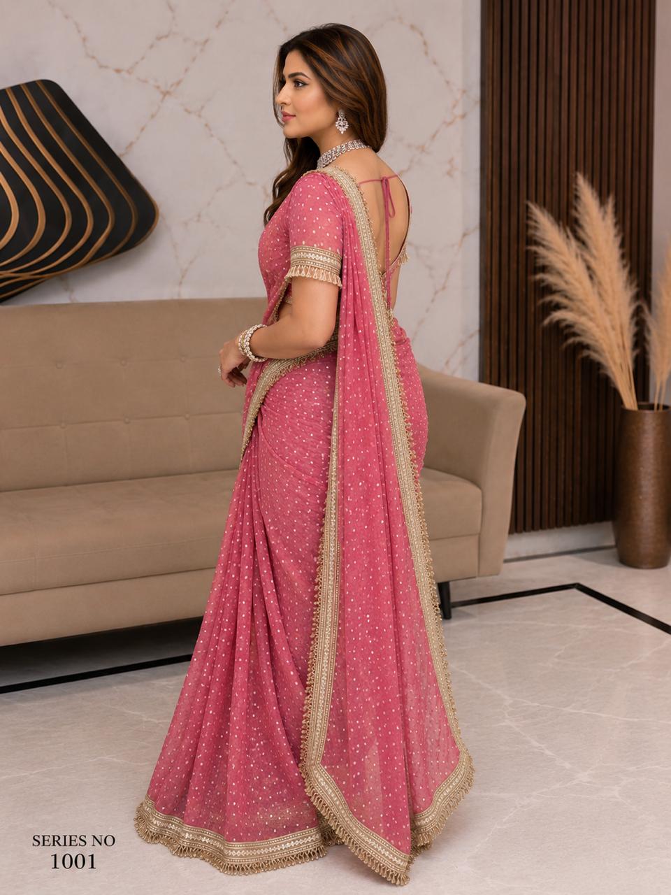 Women's Dusty Pink Georgette Saree with Gold Foil Polka Dots & Heavy Tassel Border