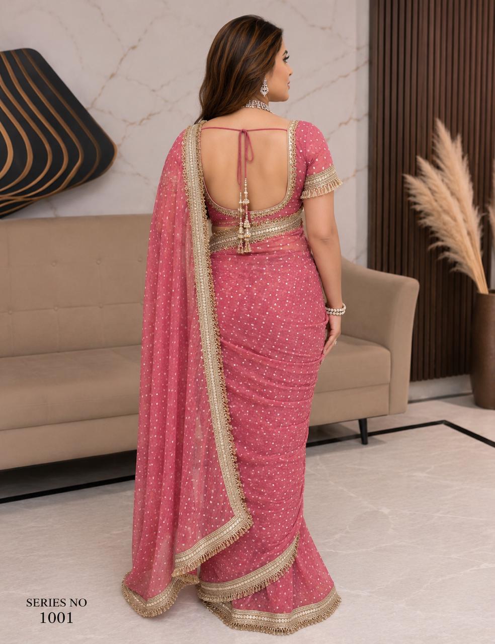 Women's Dusty Pink Georgette Saree with Gold Foil Polka Dots & Heavy Tassel Border