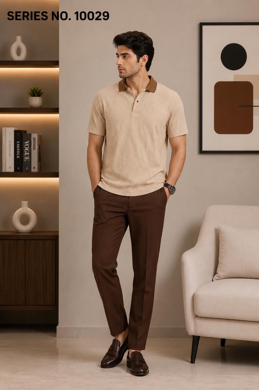 YJ FASHION Men's Regular Fit Half Sleeve Beige Textured Polo T-Shirt with Contrast Collar
