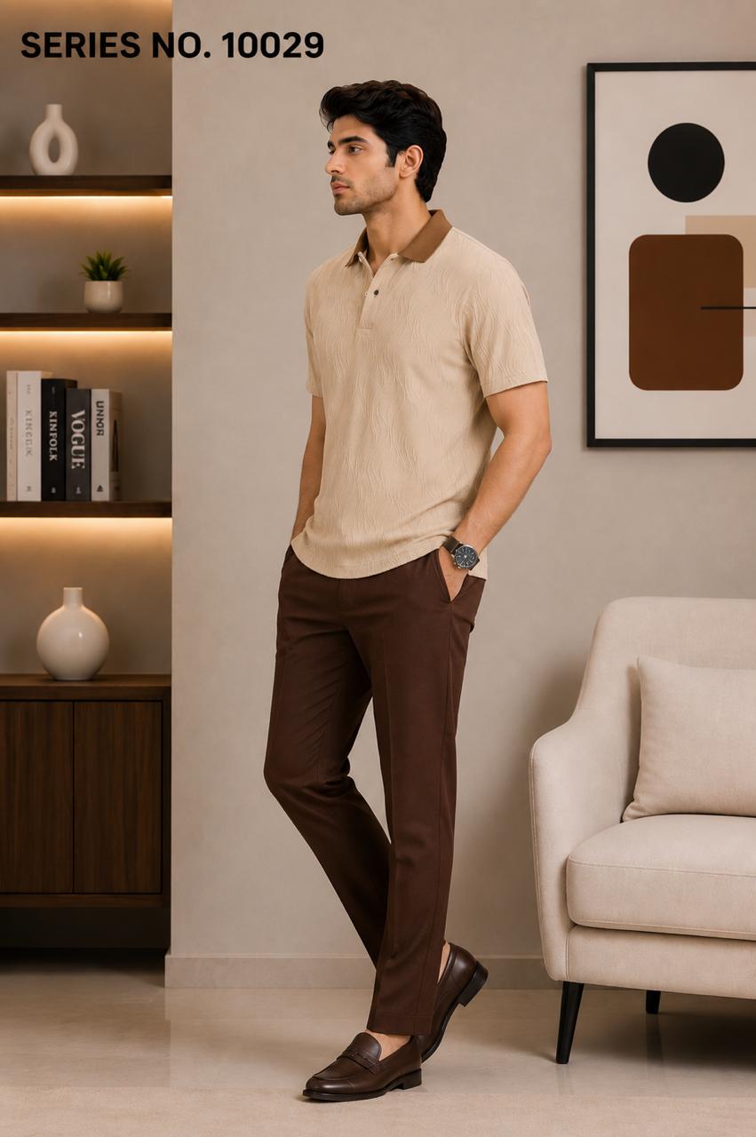 YJ FASHION Men's Regular Fit Half Sleeve Beige Textured Polo T-Shirt with Contrast Collar