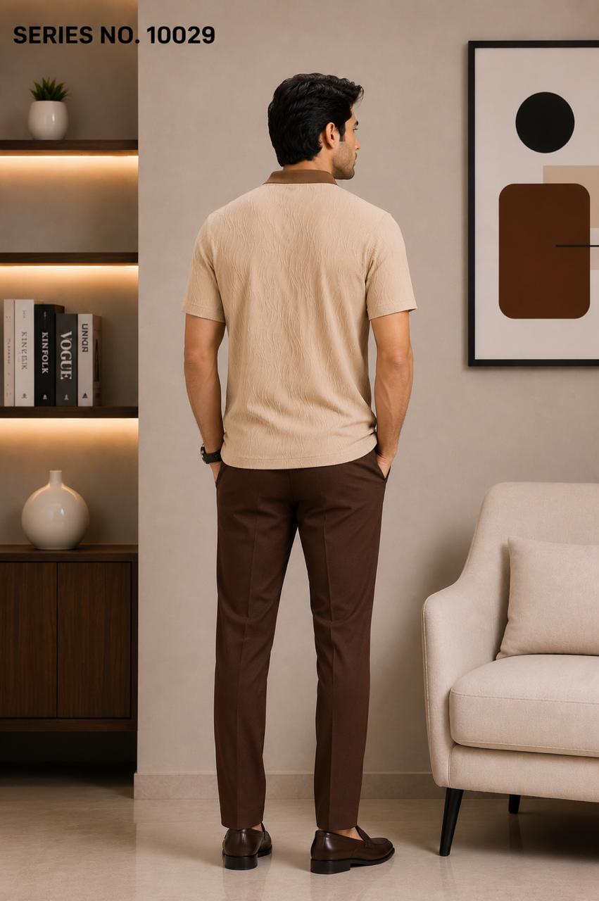 YJ FASHION Men's Regular Fit Half Sleeve Beige Textured Polo T-Shirt with Contrast Collar
