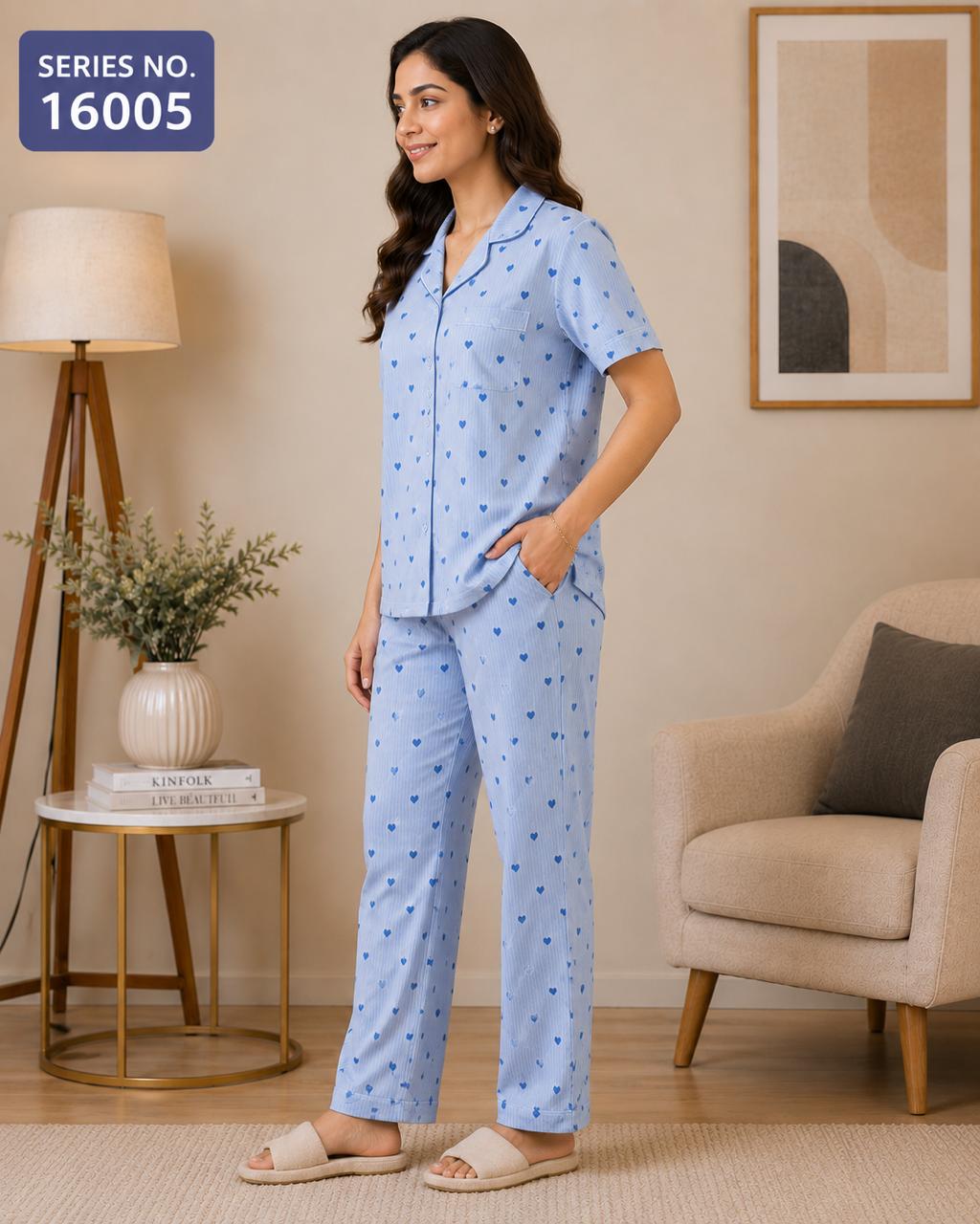 YJ FASHION Women's Heart Print Half Sleeve Collared Shirt with Pyjama Night Suit Set