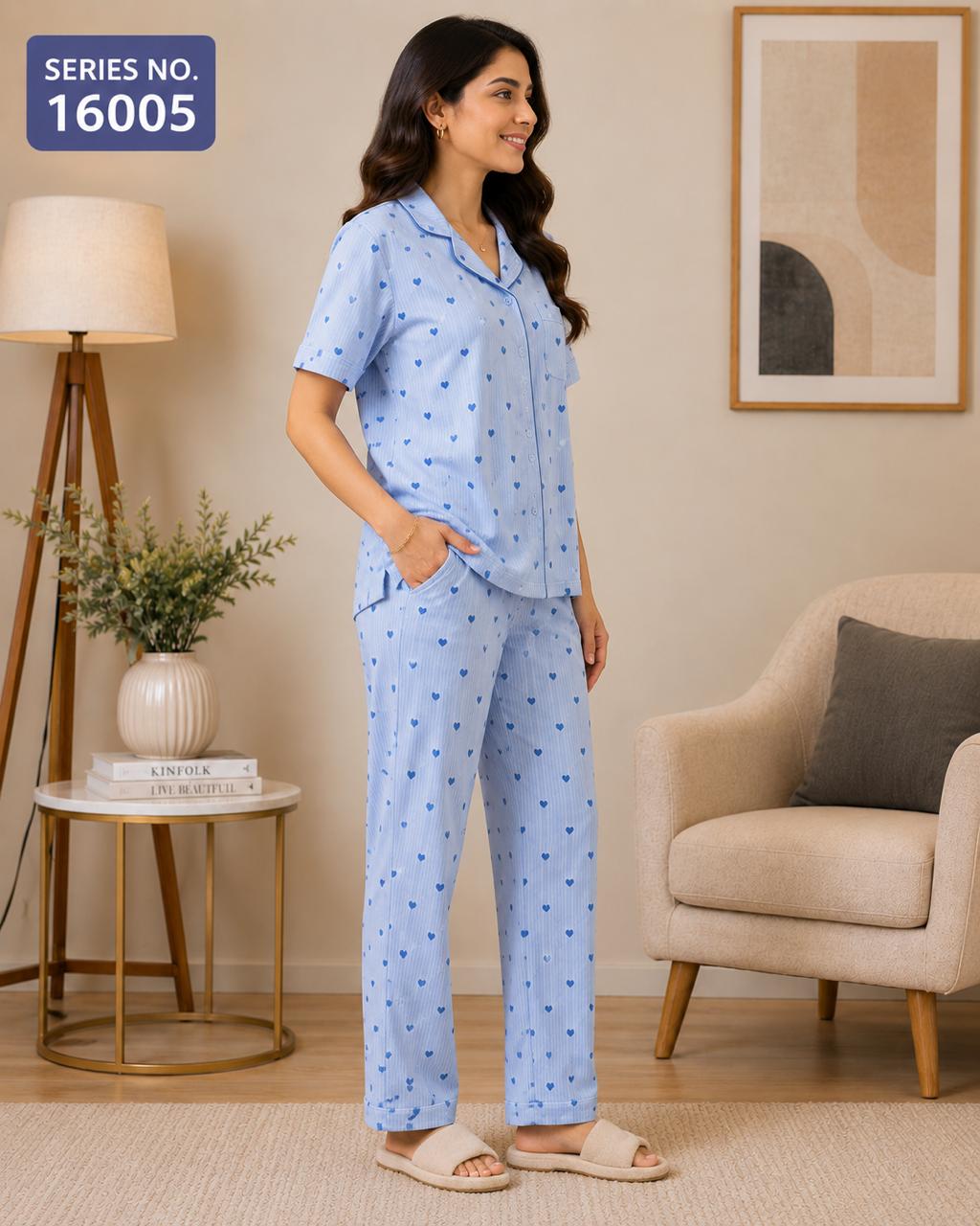 YJ FASHION Women's Heart Print Half Sleeve Collared Shirt with Pyjama Night Suit Set