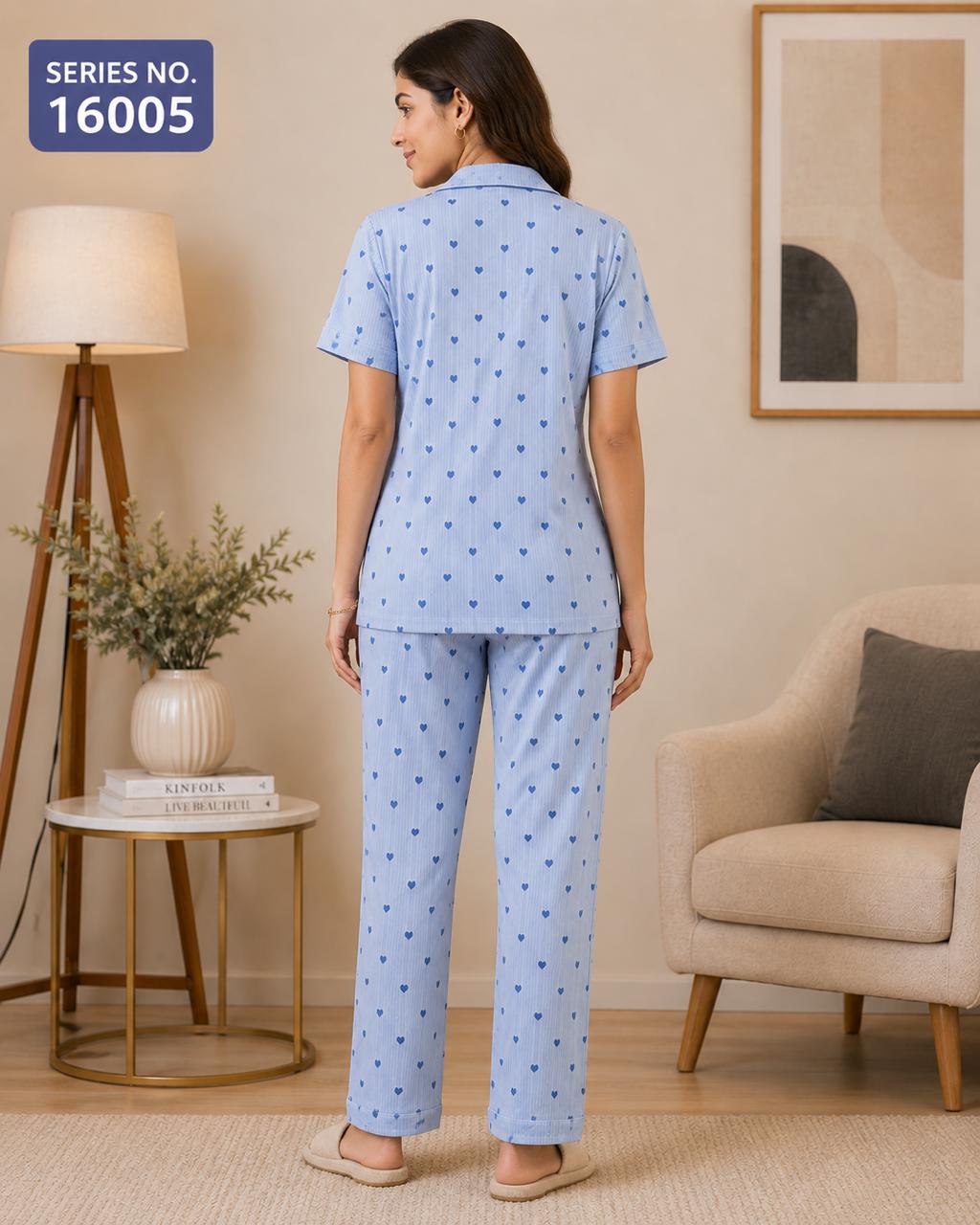 YJ FASHION Women's Heart Print Half Sleeve Collared Shirt with Pyjama Night Suit Set