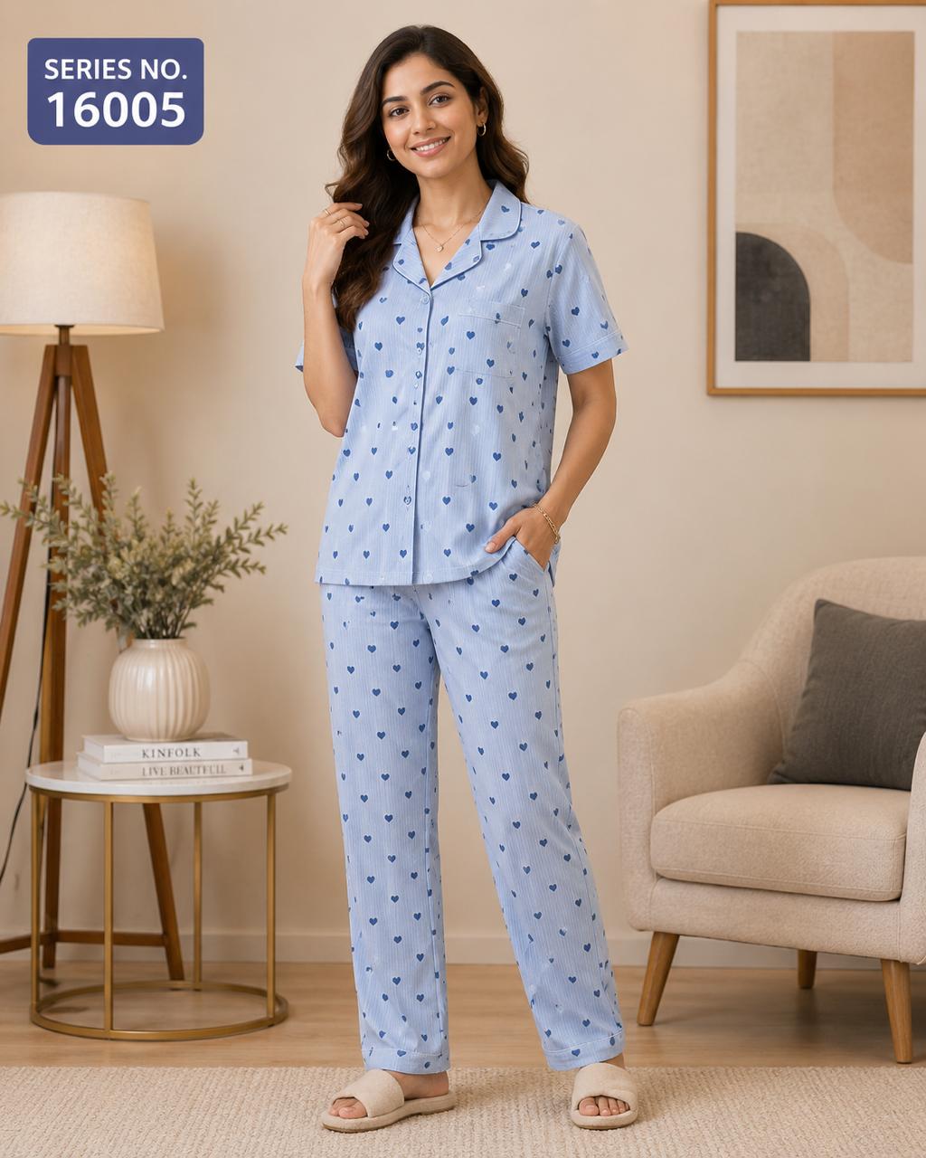 YJ FASHION Women's Heart Print Half Sleeve Collared Shirt with Pyjama Night Suit Set