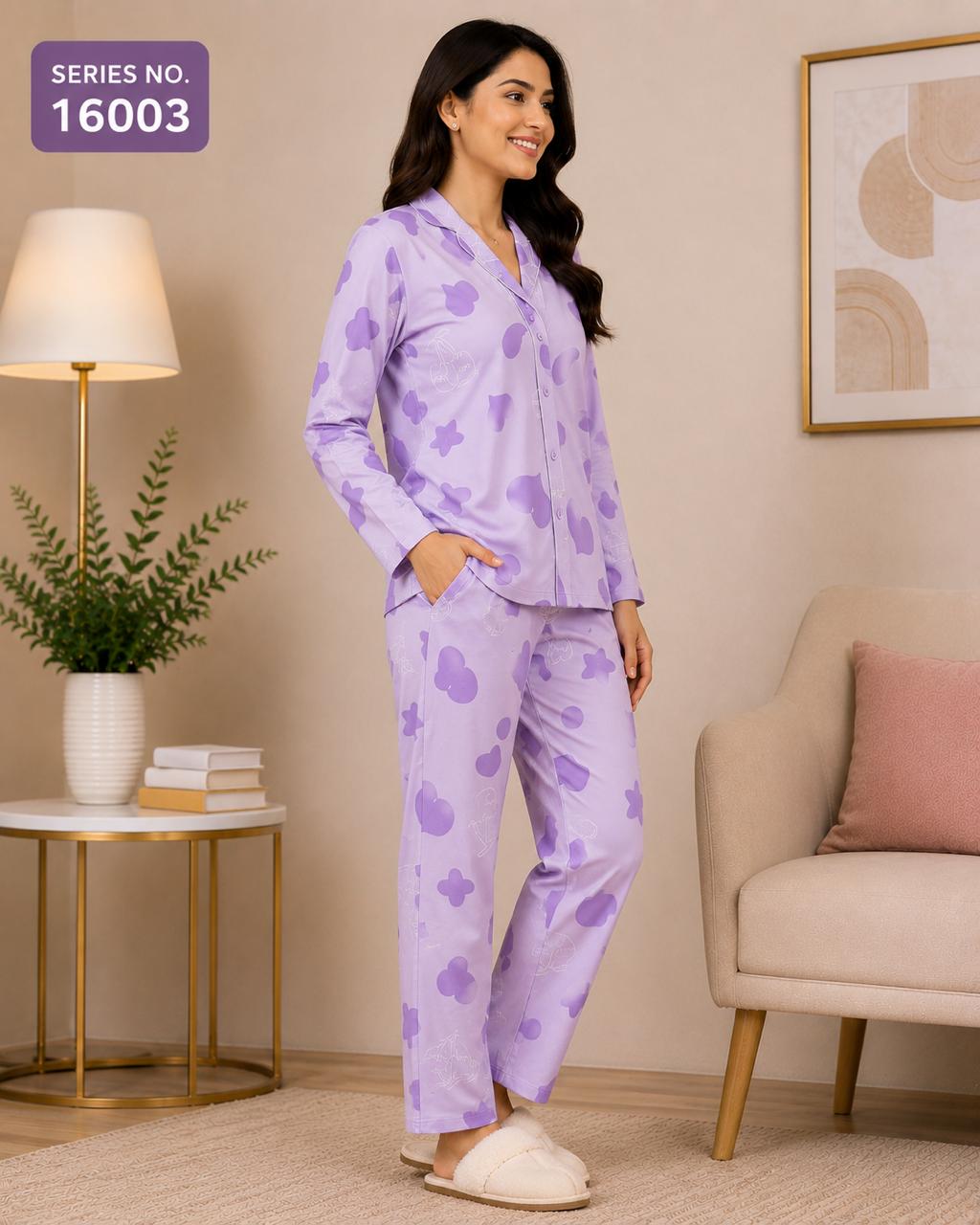 YJ FASHION Women's Full Sleeve Heart Print Collared Shirt with Pyjama Night Suit Set