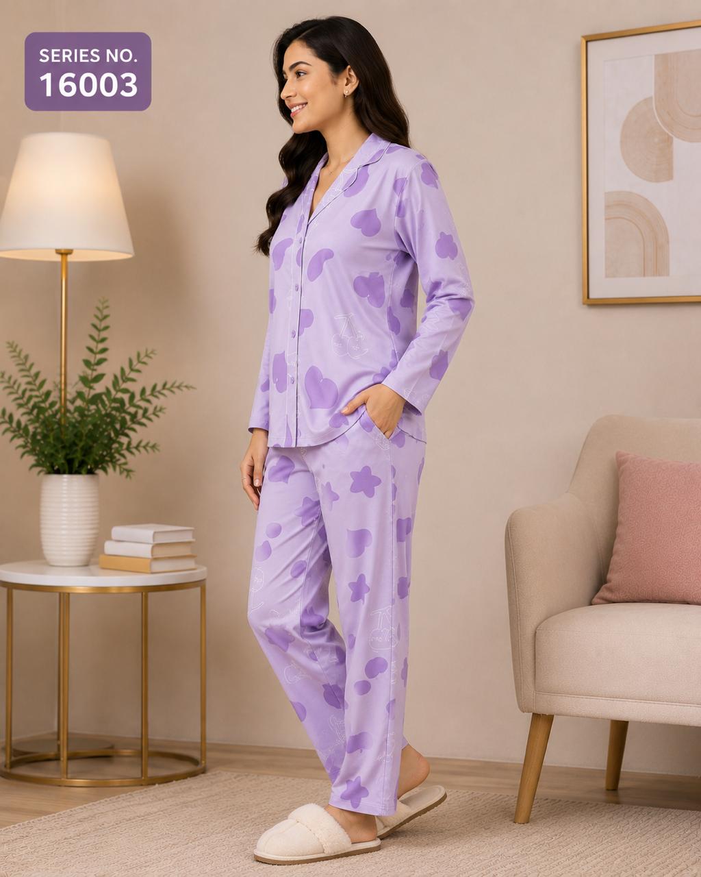 YJ FASHION Women's Full Sleeve Heart Print Collared Shirt with Pyjama Night Suit Set