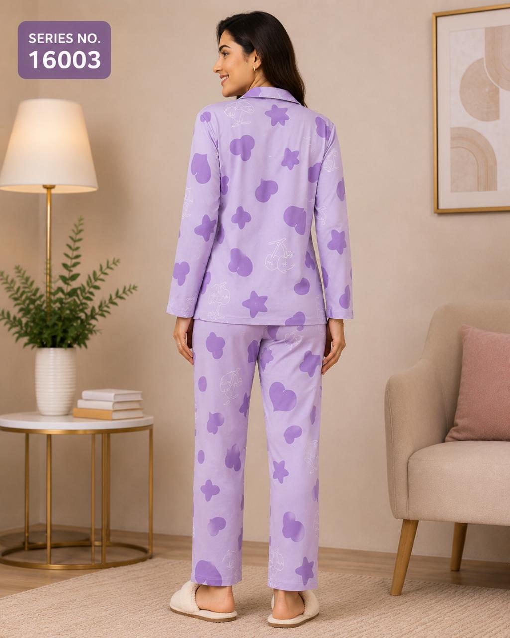 YJ FASHION Women's Full Sleeve Heart Print Collared Shirt with Pyjama Night Suit Set