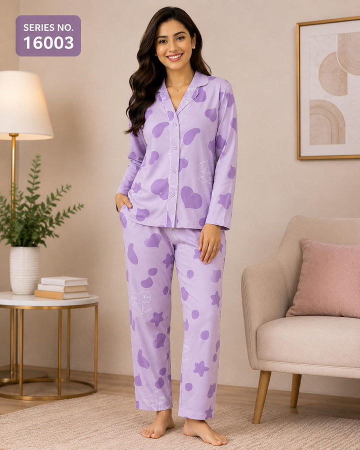 YJ FASHION Women's Full Sleeve Heart Print Collared Shirt with Pyjama Night Suit Set