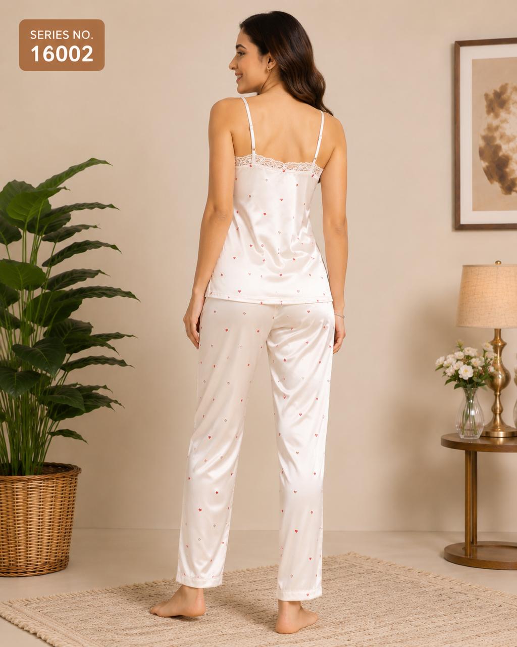 YJ FASHION Women's Satin Heart Print Camisole Top with Pyjama Nightwear Set