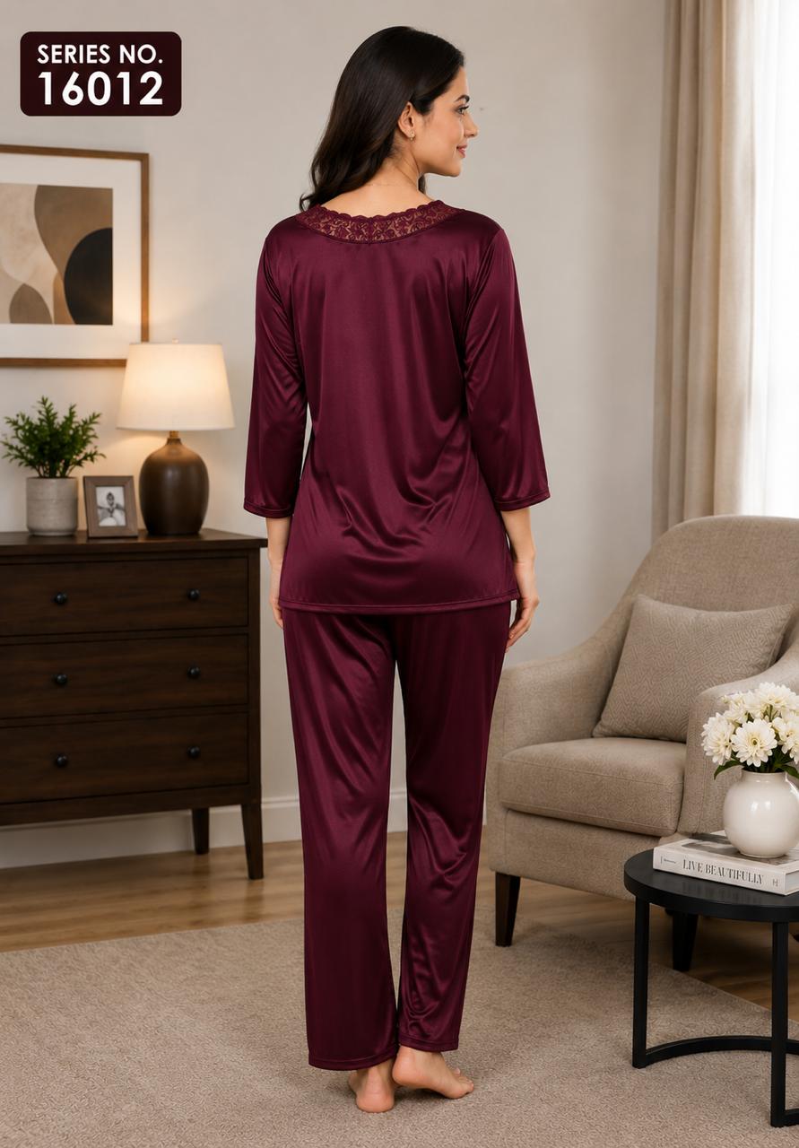 YJ FASHION Women's Satin Lace Trim V-Neck 3/4 Sleeve Top with Pyjama Night Suit Set