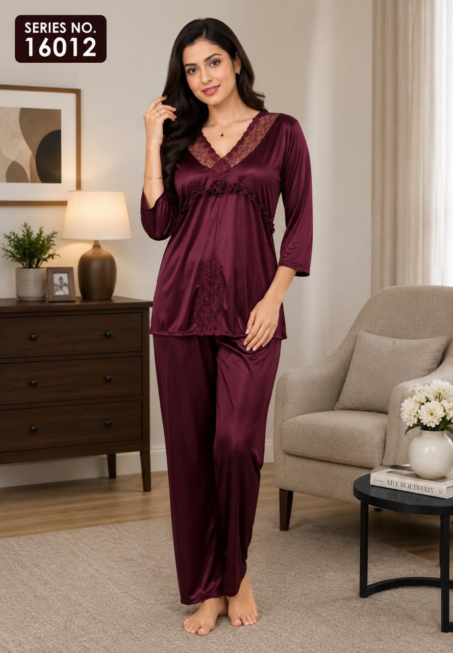 YJ FASHION Women's Satin Lace Trim V-Neck 3/4 Sleeve Top with Pyjama Night Suit Set
