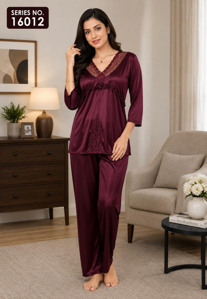 YJ FASHION Women's Satin Lace Trim V-Neck 3/4 Sleeve Top with Pyjama Night Suit Set
