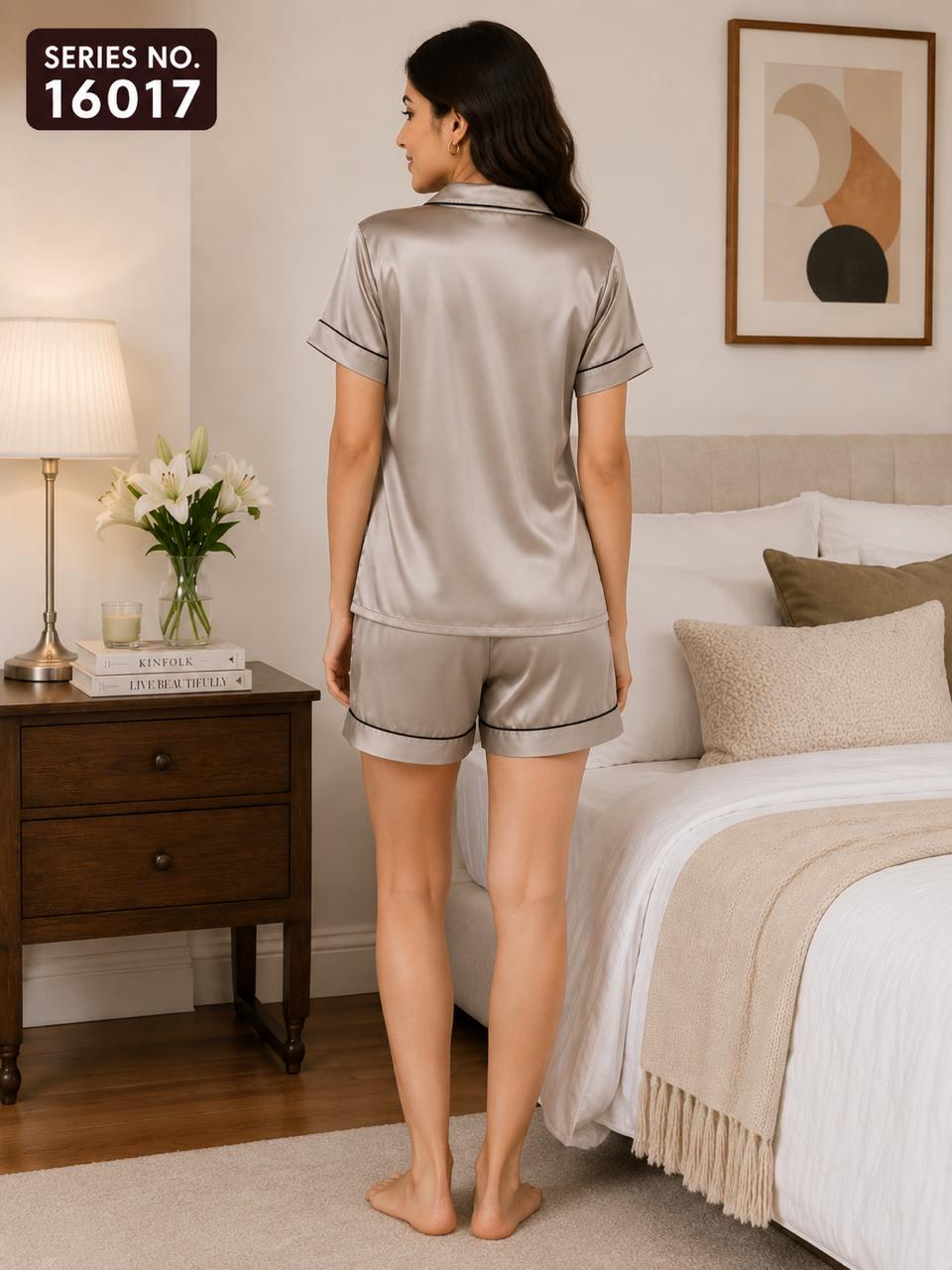 YJ FASHION Women's Satin Contrast Piping Collar Button Down Shirt with Shorts Nightwear Set