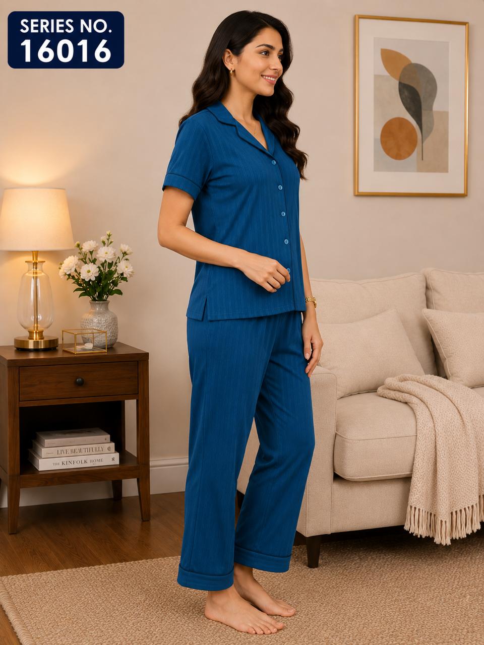 YJ FASHION Women's Striped Collar Half Sleeve Button Down Shirt with Pyjama Night Suit Set