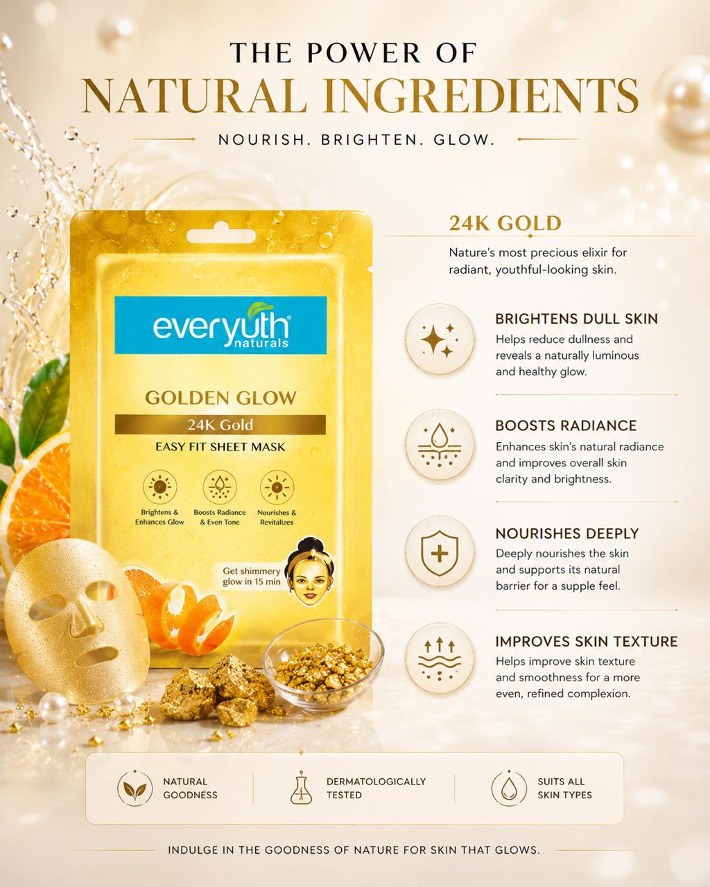 Everyuth Golden Glow 24K Gold Sheet Mask – Pack of 3 for Instant Shimmery Radiance