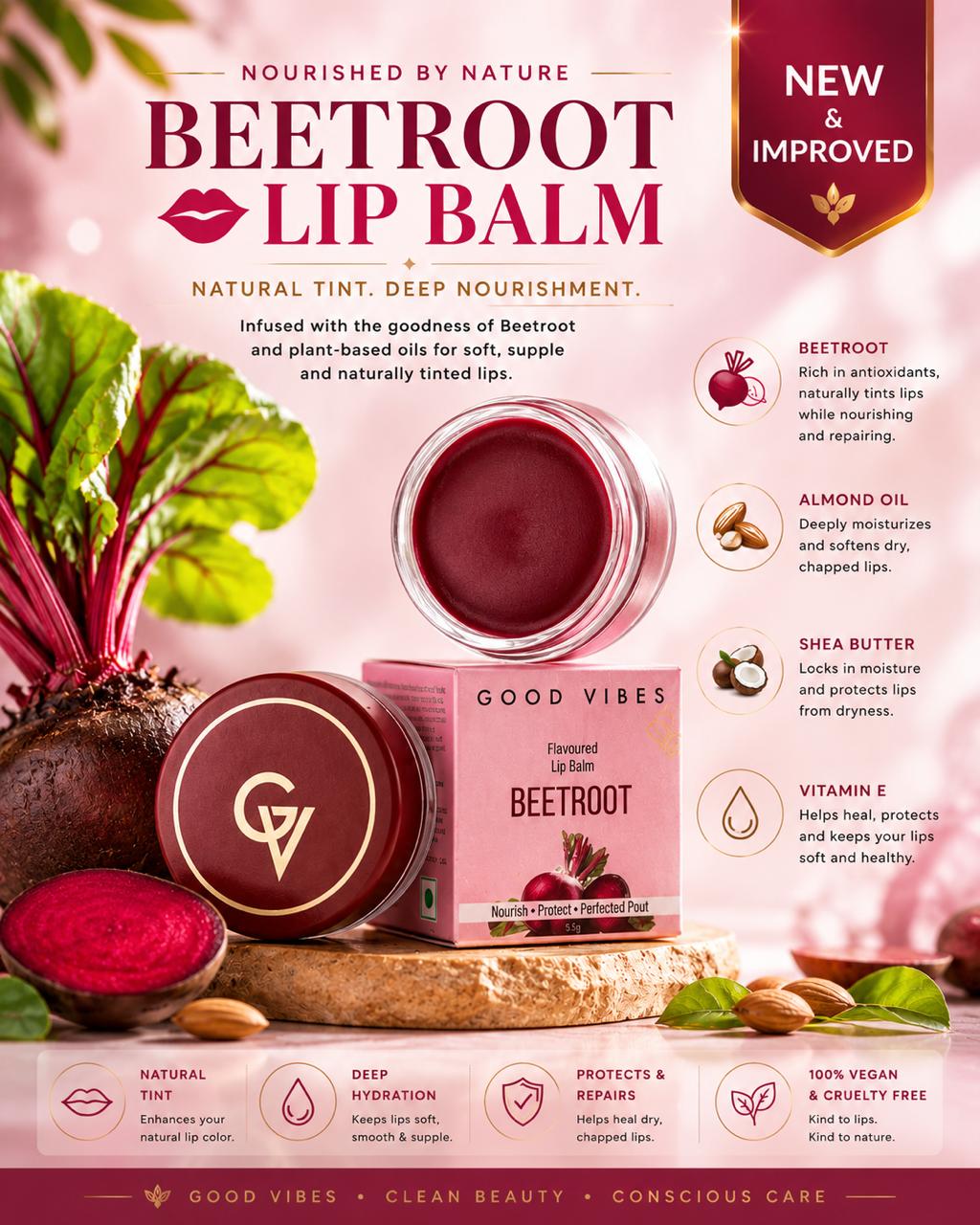 Good Vibes Beetroot Lip Balm – New & Improved, Plumping & Tinted, 5.5g