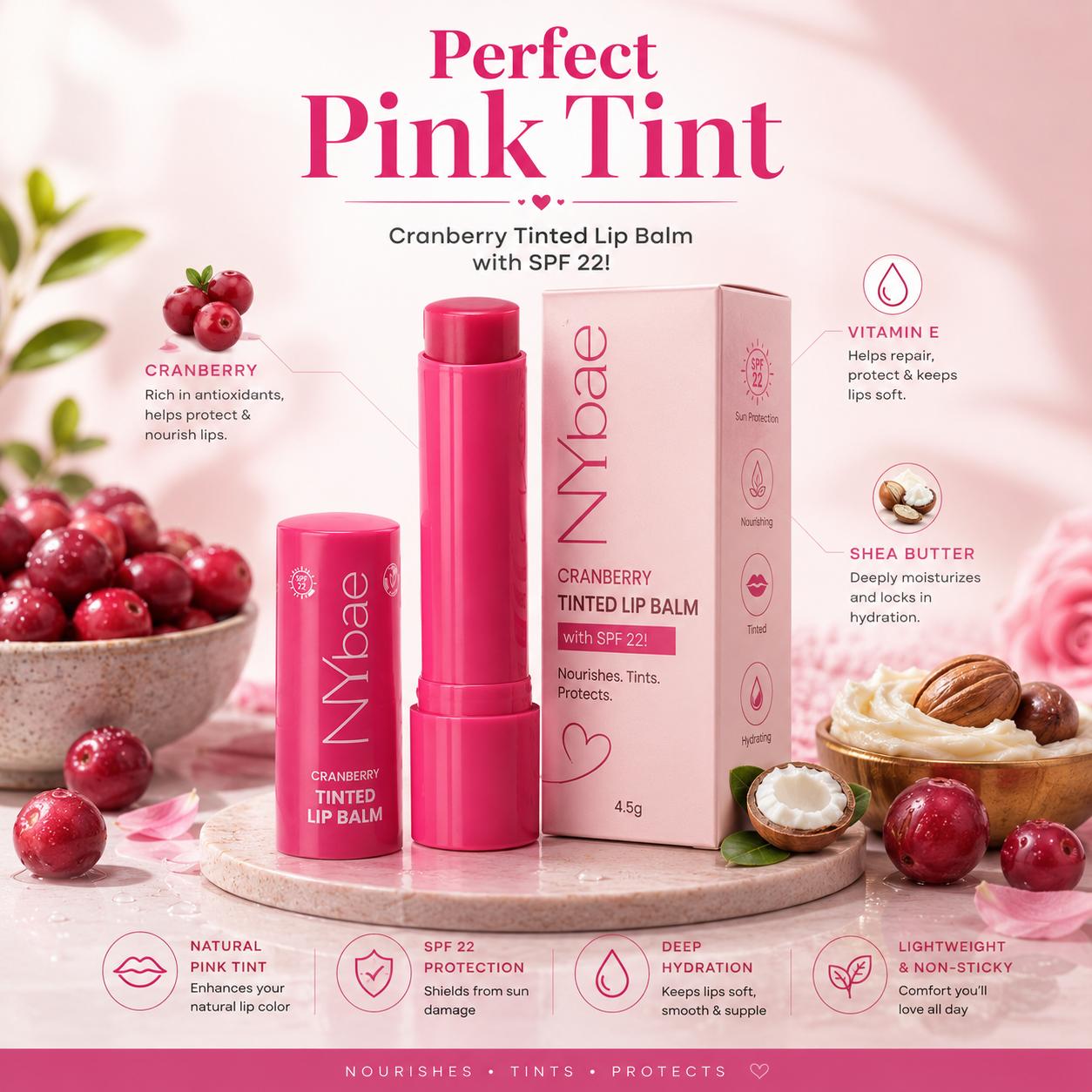 NY Bae Cranberry Tinted Lip Balm – Perfect Pink Tint with SPF 22