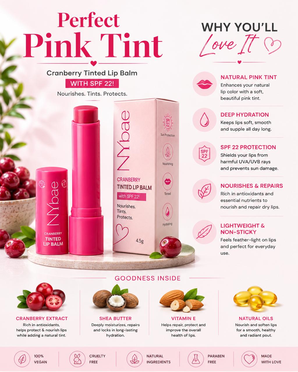 NY Bae Cranberry Tinted Lip Balm – Perfect Pink Tint with SPF 22