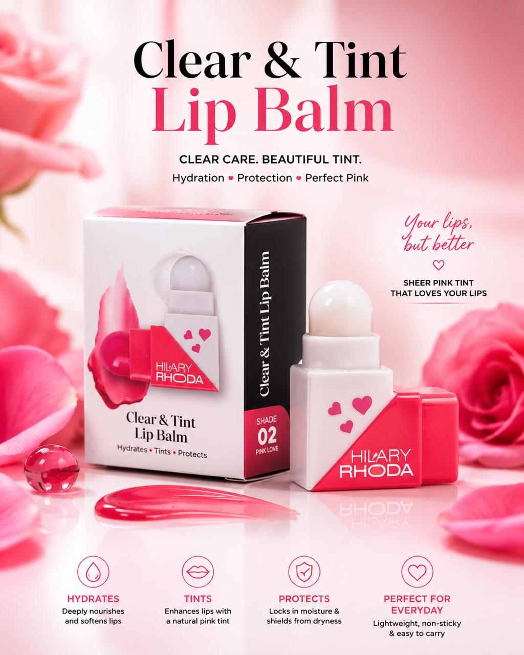 Title: Hilary Rhoda Clear & Tint Lip Balm – 2-in-1 Pink Love Shade 02