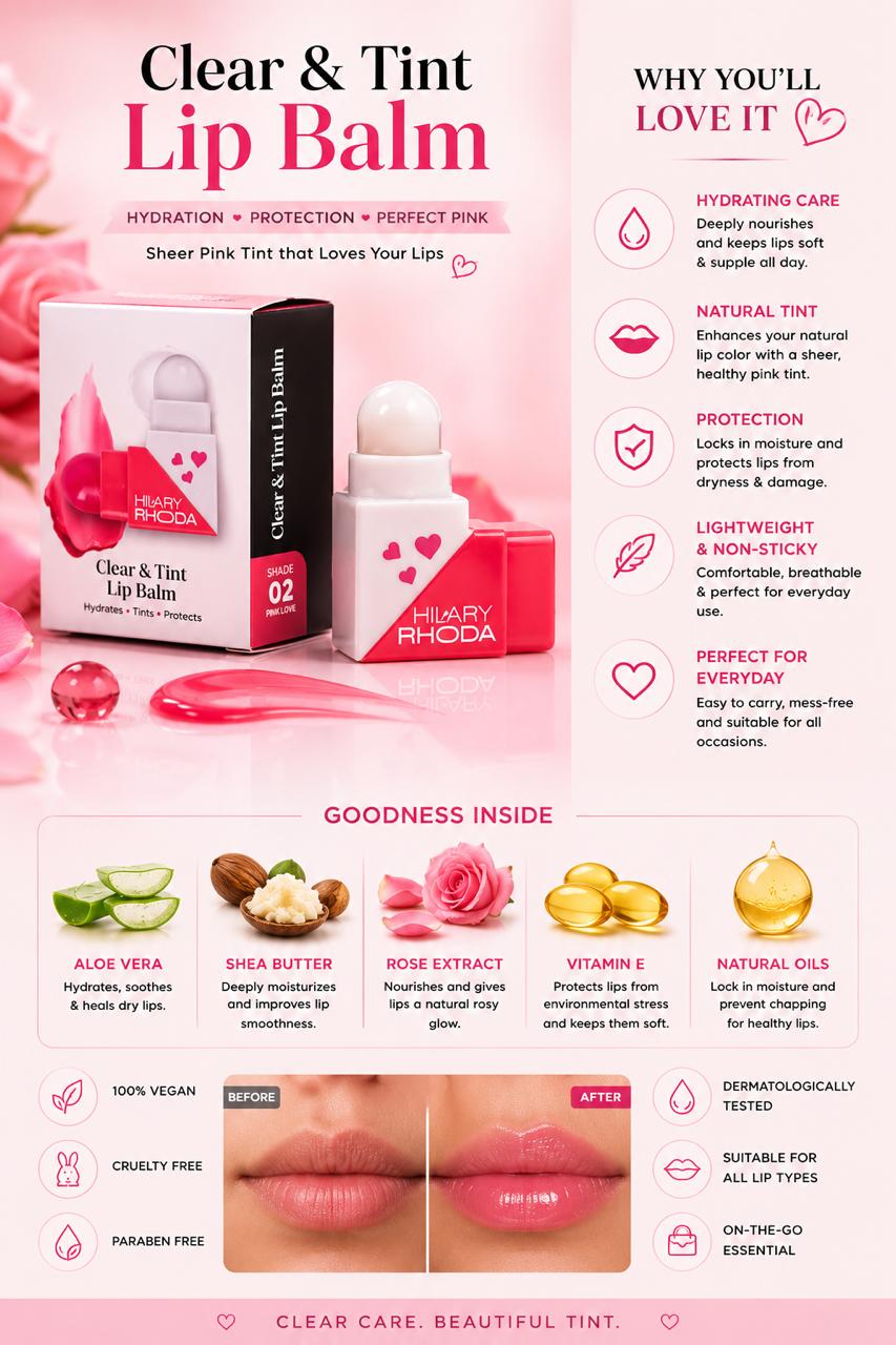 Title: Hilary Rhoda Clear & Tint Lip Balm – 2-in-1 Pink Love Shade 02