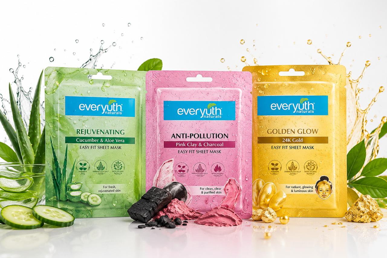 Everyuth Naturals Sheet Mask Combo – Rejuvenating, Anti-Pollution & Golden Glow, Pack of 3
