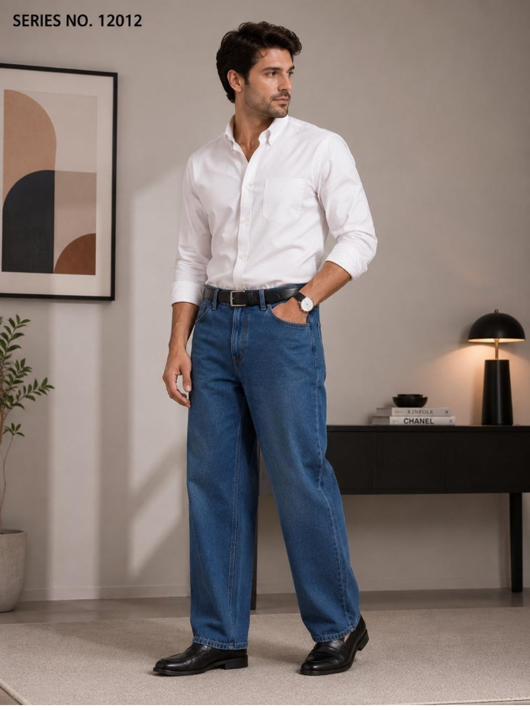 YJ FASHION Men's Relaxed Fit Mid Rise Mid Blue Jeans