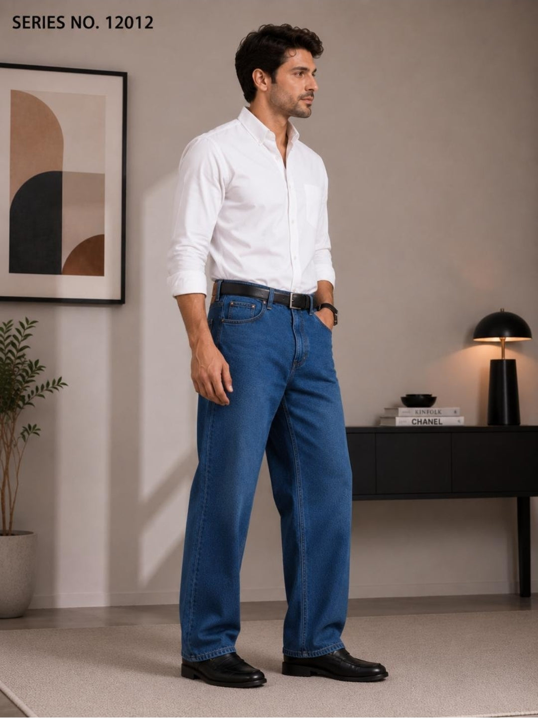 YJ FASHION Men's Relaxed Fit Mid Rise Mid Blue Jeans