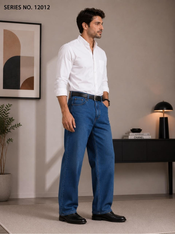 YJ FASHION Men's Relaxed Fit Mid Rise Mid Blue Jeans