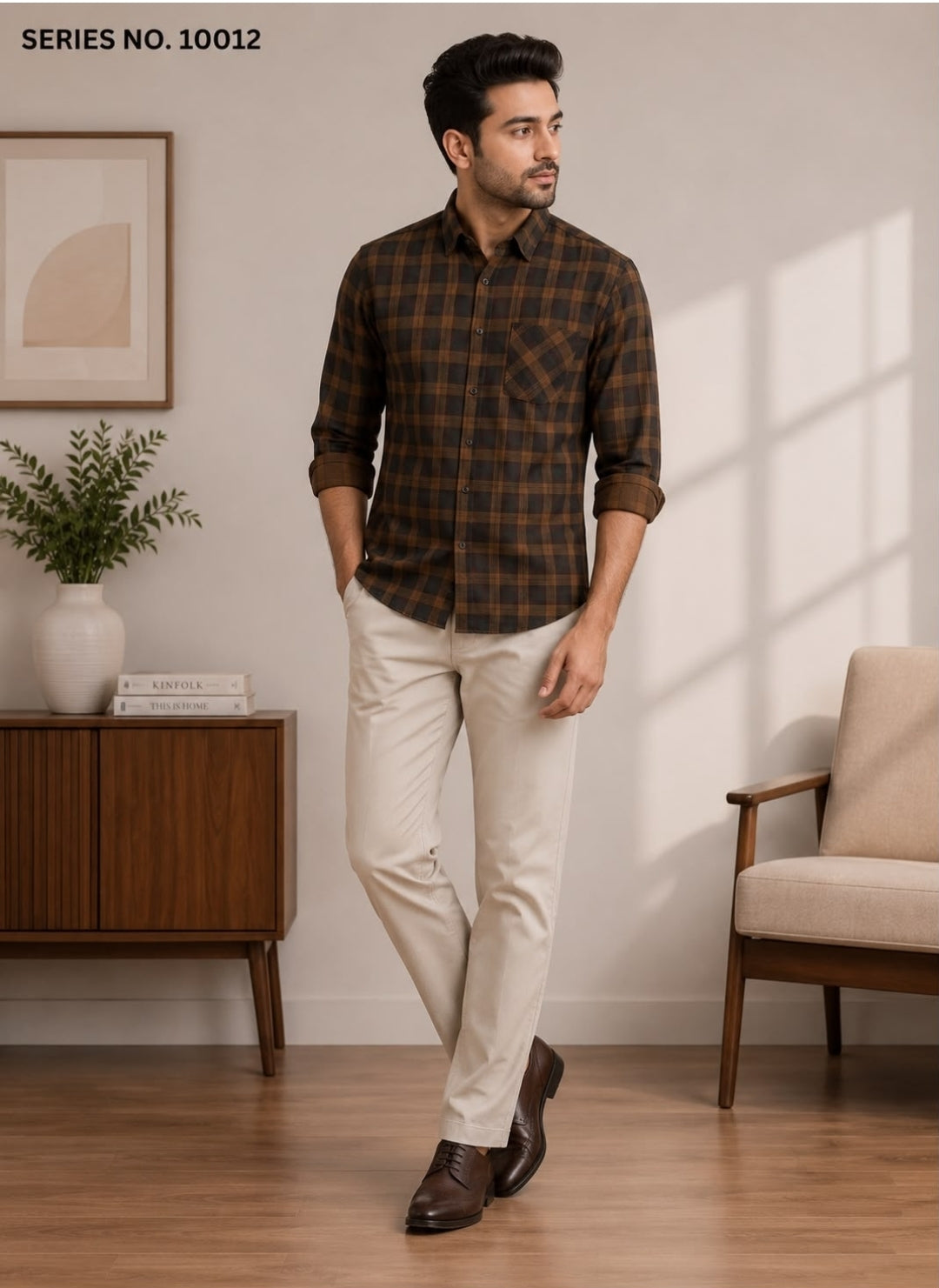 YJ FASHION Men's Slim Fit Full Sleeve Brown Check Cotton Shirt