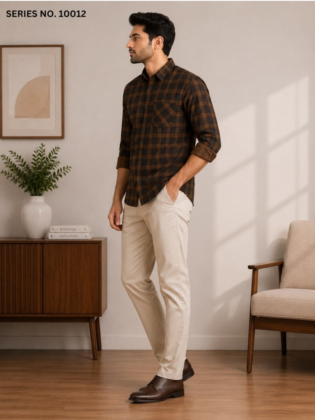 YJ FASHION Men's Slim Fit Full Sleeve Brown Check Cotton Shirt