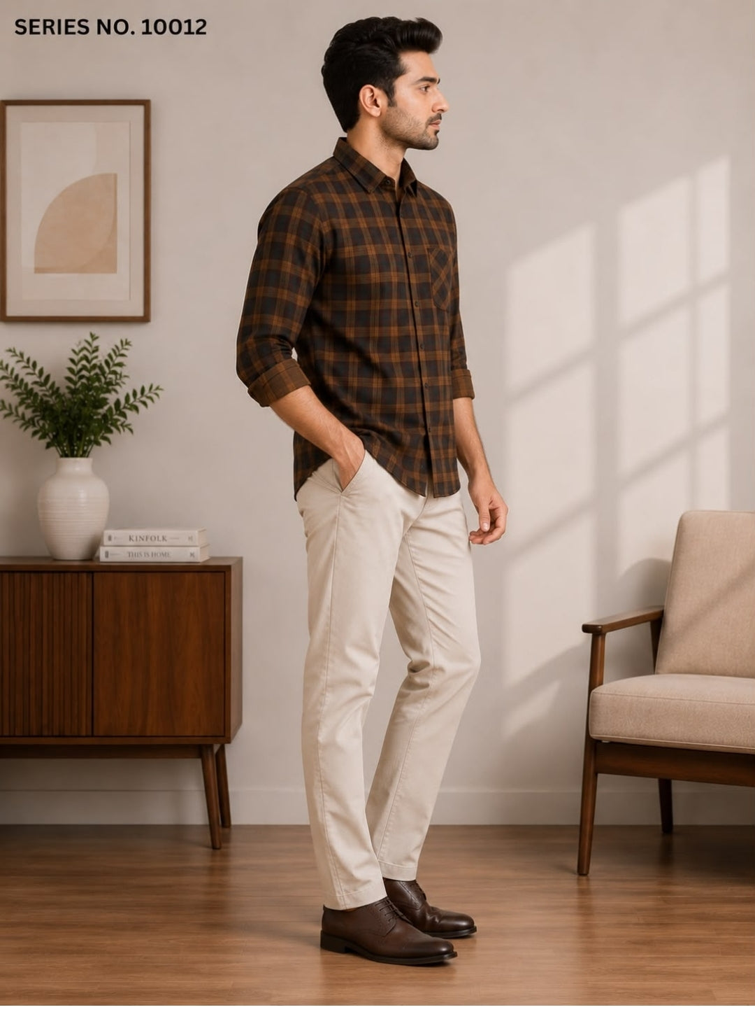 YJ FASHION Men's Slim Fit Full Sleeve Brown Check Cotton Shirt