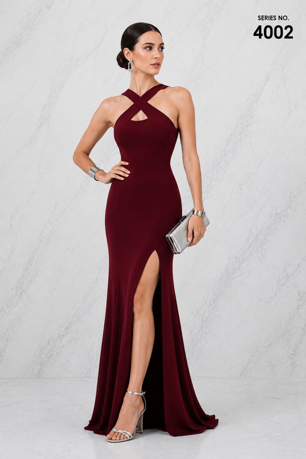 YJ FASHION Wine Cross Neck High Slit Bodycon Maxi Gown - Series 4002