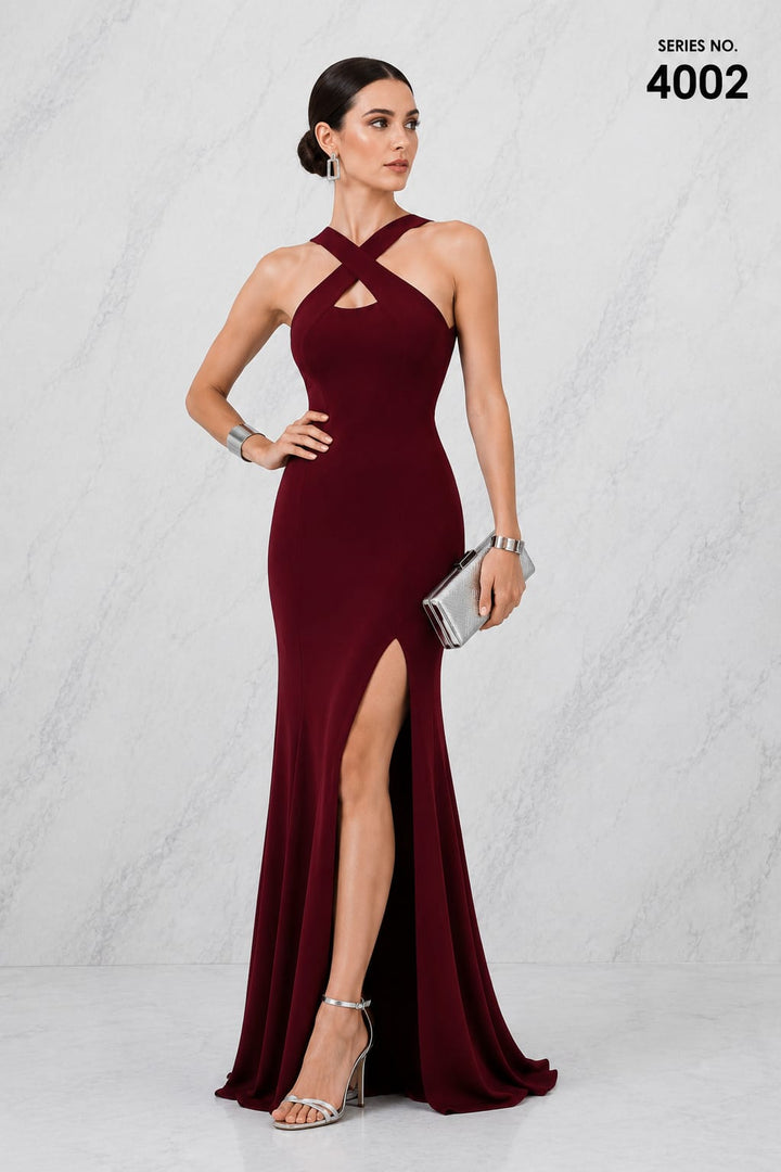 YJ FASHION Wine Cross Neck High Slit Bodycon Maxi Gown - Series 4002
