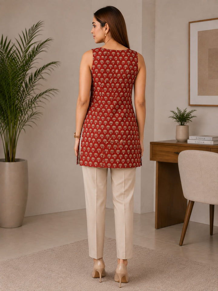 Women's Maroon Block Print Sleeveless Kurta with Straight Pants
