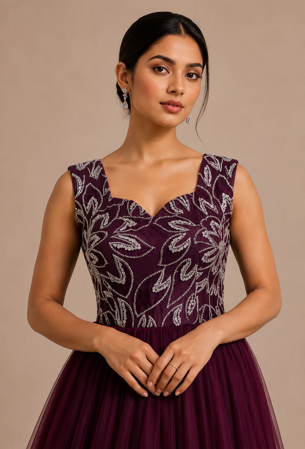 Wine Embroidered Bodice Ball Gown with Layered Tulle Skirt