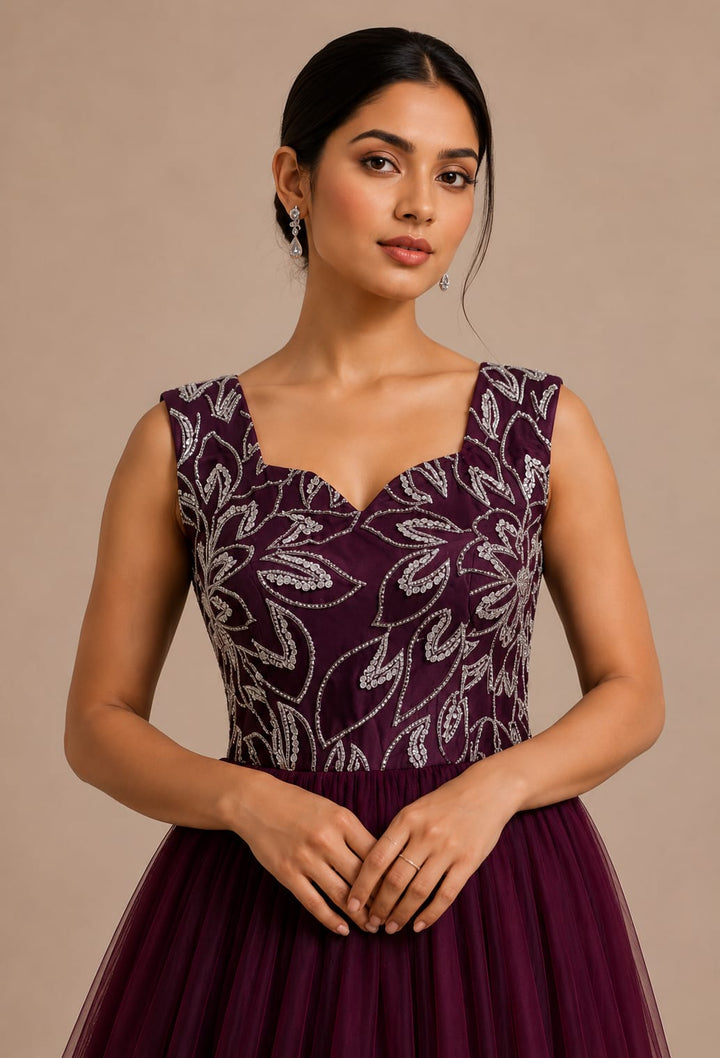 Wine Embroidered Bodice Ball Gown with Layered Tulle Skirt