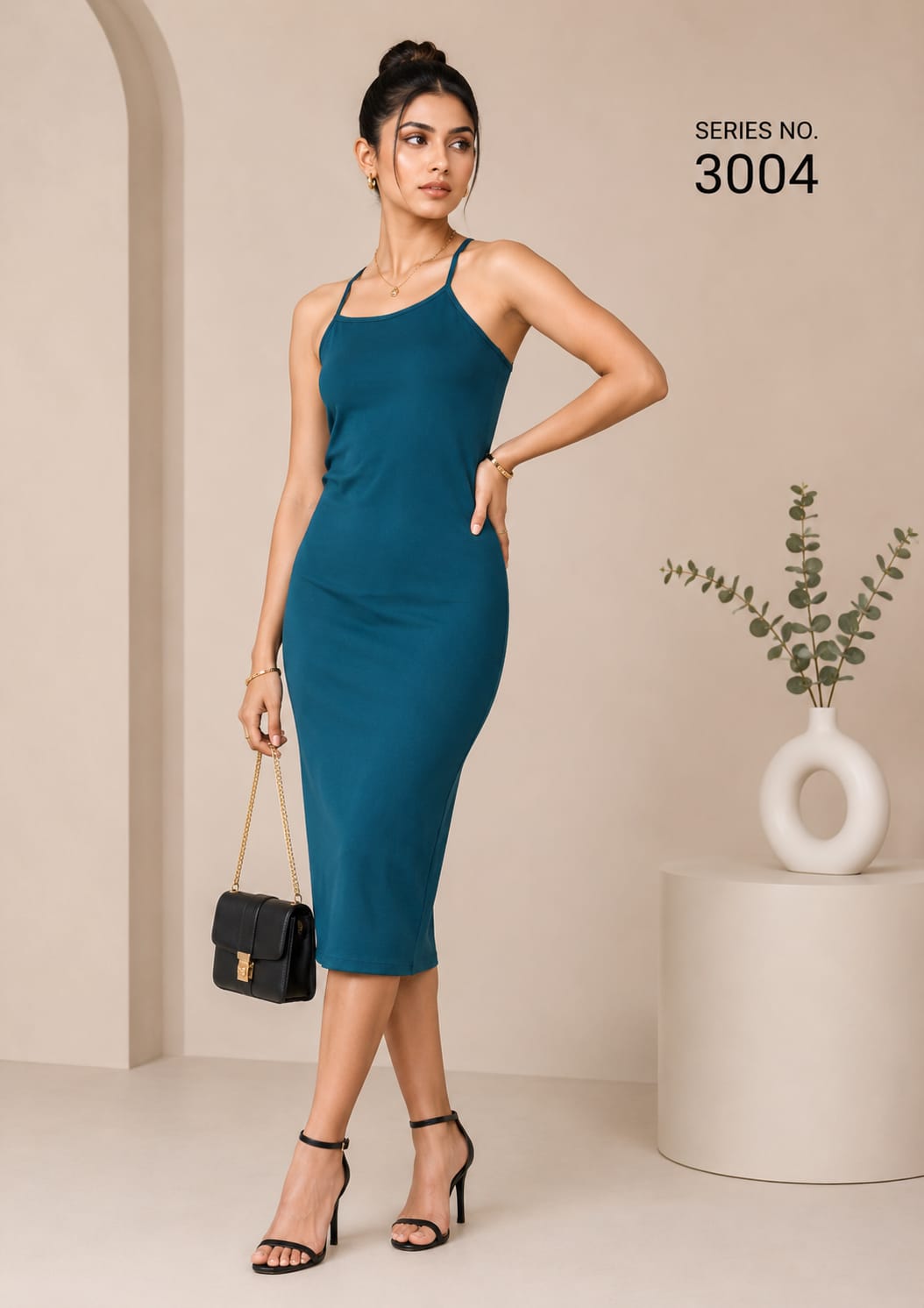 YJ FASHION Teal Spaghetti Strap Bodycon Midi Dress - Series 3004