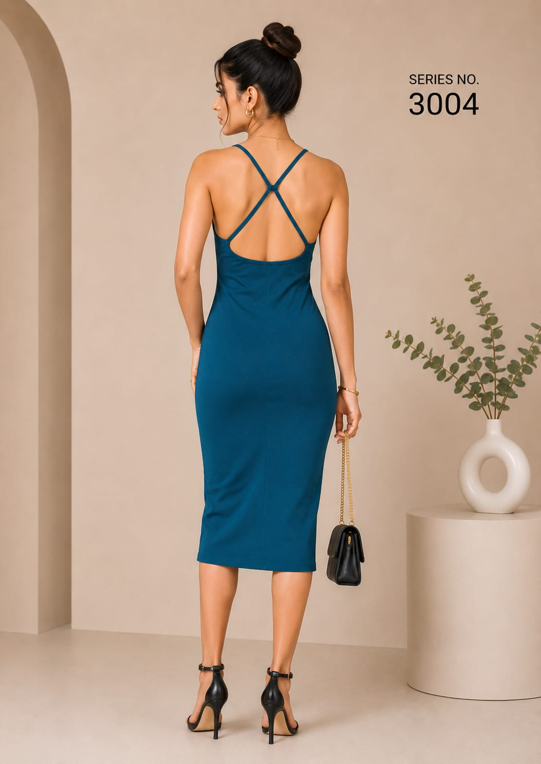 YJ FASHION Teal Spaghetti Strap Bodycon Midi Dress - Series 3004