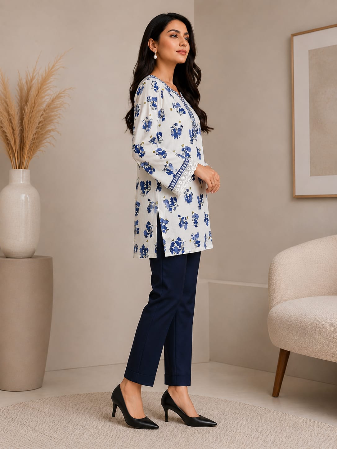 Women's Blue Floral Printed Cotton Kurta Pant Co-ord Set with Lace Detail