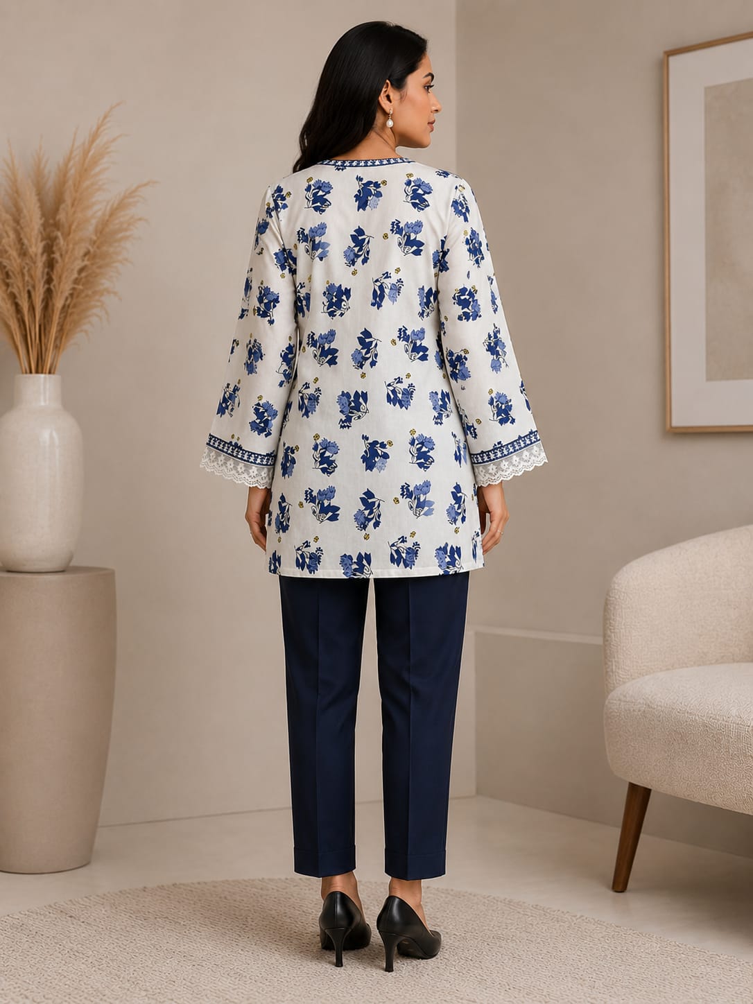 Women's Blue Floral Printed Cotton Kurta Pant Co-ord Set with Lace Detail