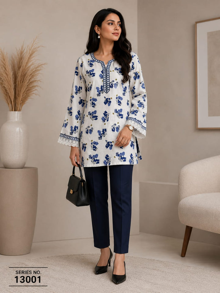 Women's Blue Floral Printed Cotton Kurta Pant Co-ord Set with Lace Detail
